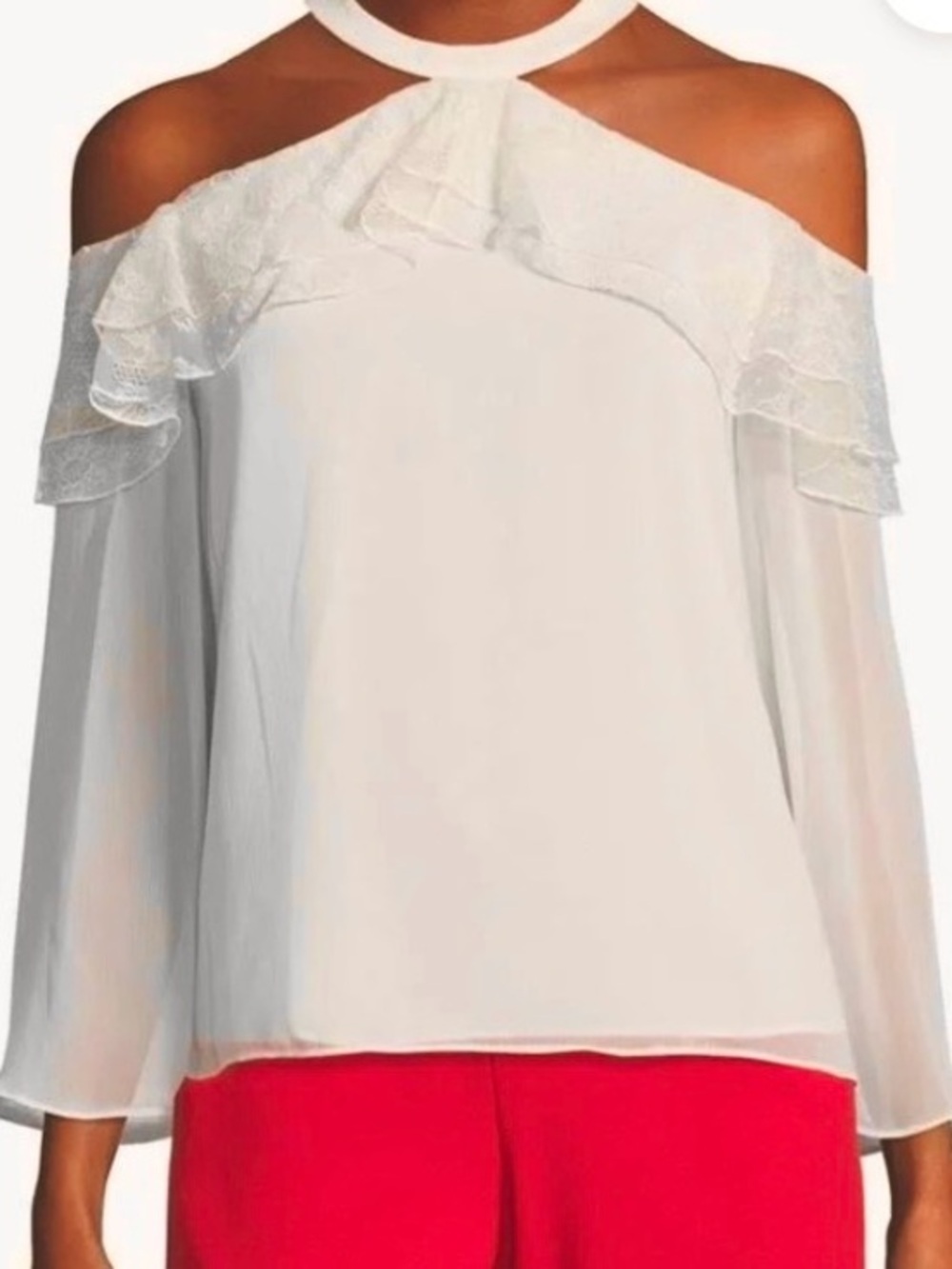 Alice + Olivia Off White Cold-Shoulder Ruffle Neck Lace Detail Blouse: Size L